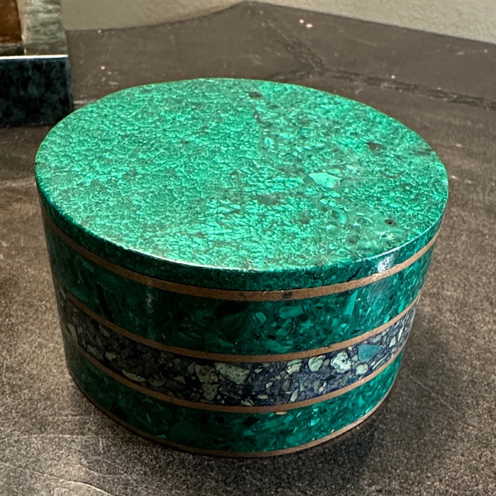 Vintage Genuine Malachite and Brass Decorative Round Trinket Box